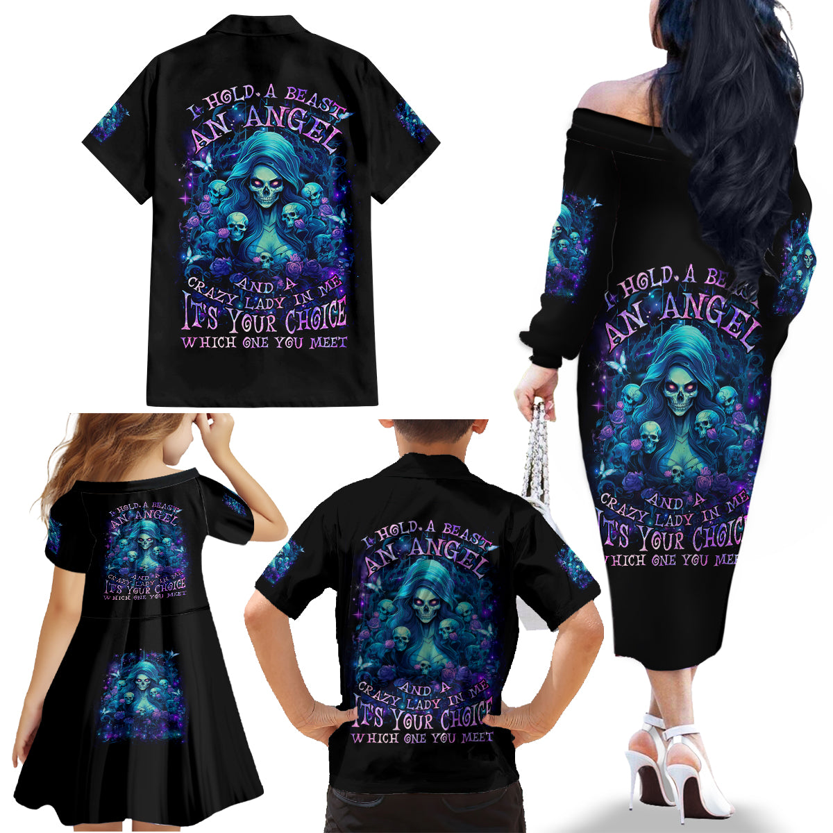 Flame Skull Family Matching Off Shoulder Long Sleeve Dress and Hawaiian Shirt If You Kick Me When I'm Down You Better Pray I Don't Get Up - Wonder Print Shop