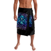 Black wrap skirt with blue skull graphic and partial purple text across front