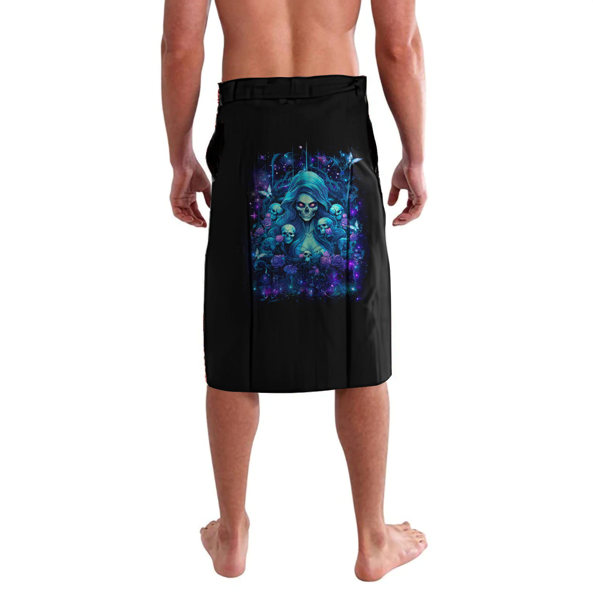 Black wrap skirt with blue skull flame graphic on front panel