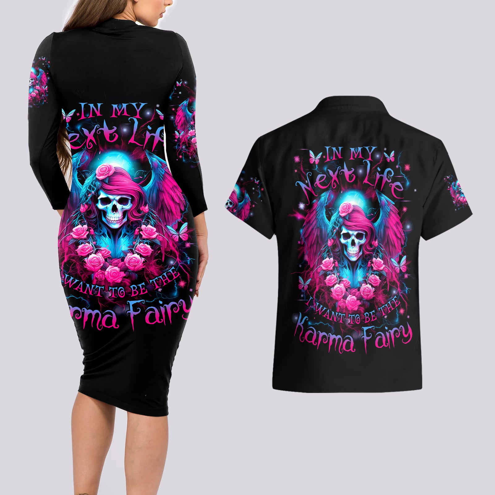 Witch Skull Couples Matching Long Sleeve Bodycon Dress and Hawaiian Shirt Buckle Up Buttercup You Just Flipped My Bitch Switch - Wonder Print Shop