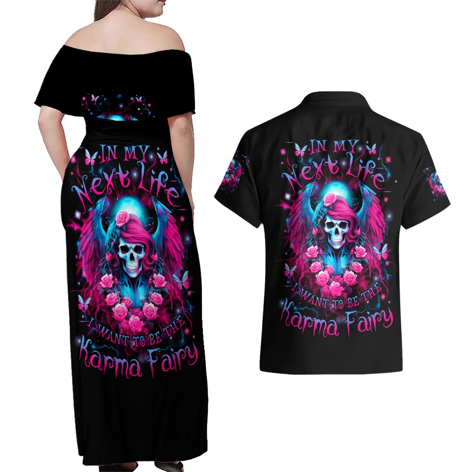 Witch Skull Couples Matching Off Shoulder Maxi Dress and Hawaiian Shirt Buckle Up Buttercup You Just Flipped My Bitch Switch - Wonder Print Shop