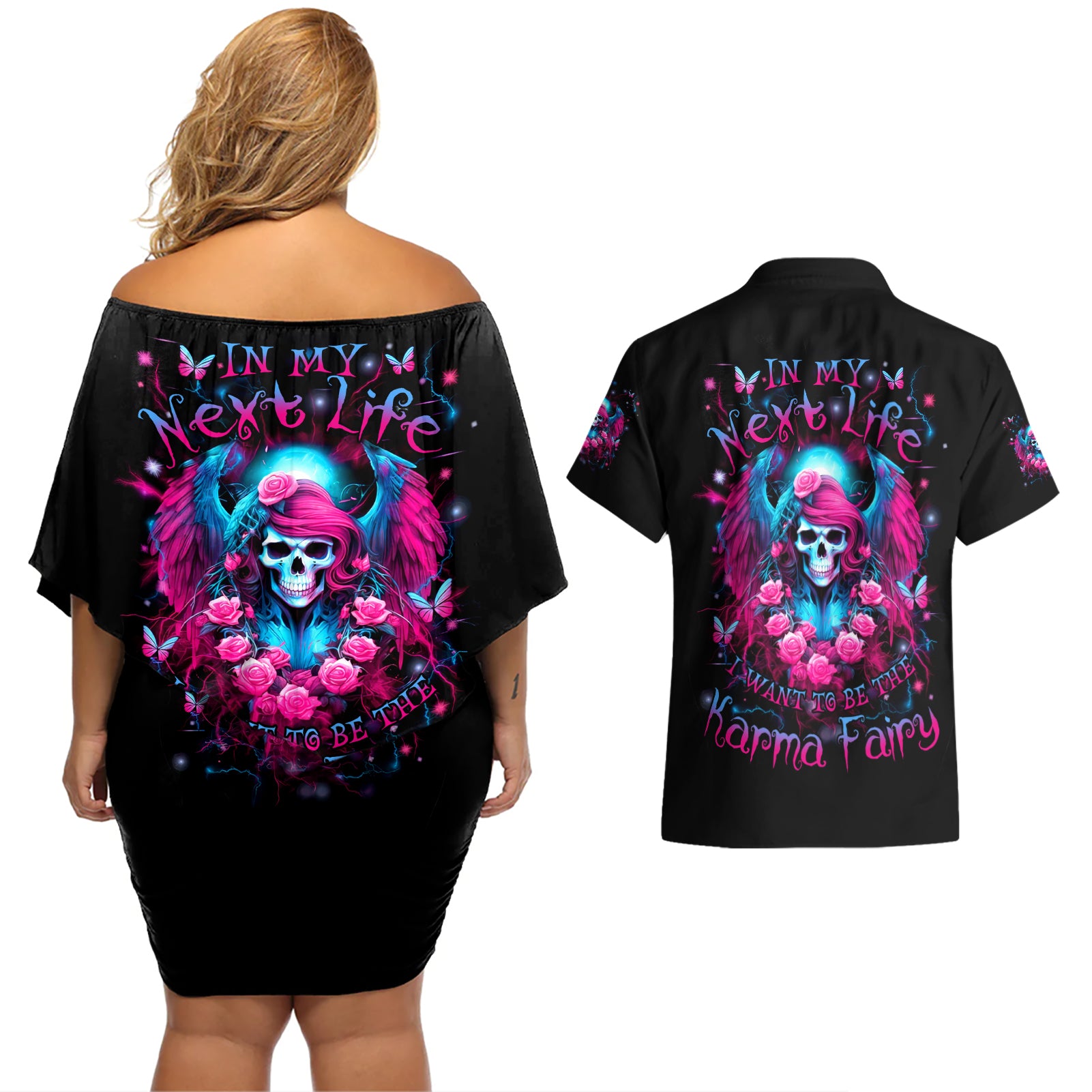 Witch Skull Couples Matching Off Shoulder Short Dress and Hawaiian Shirt Buckle Up Buttercup You Just Flipped My Bitch Switch - Wonder Print Shop