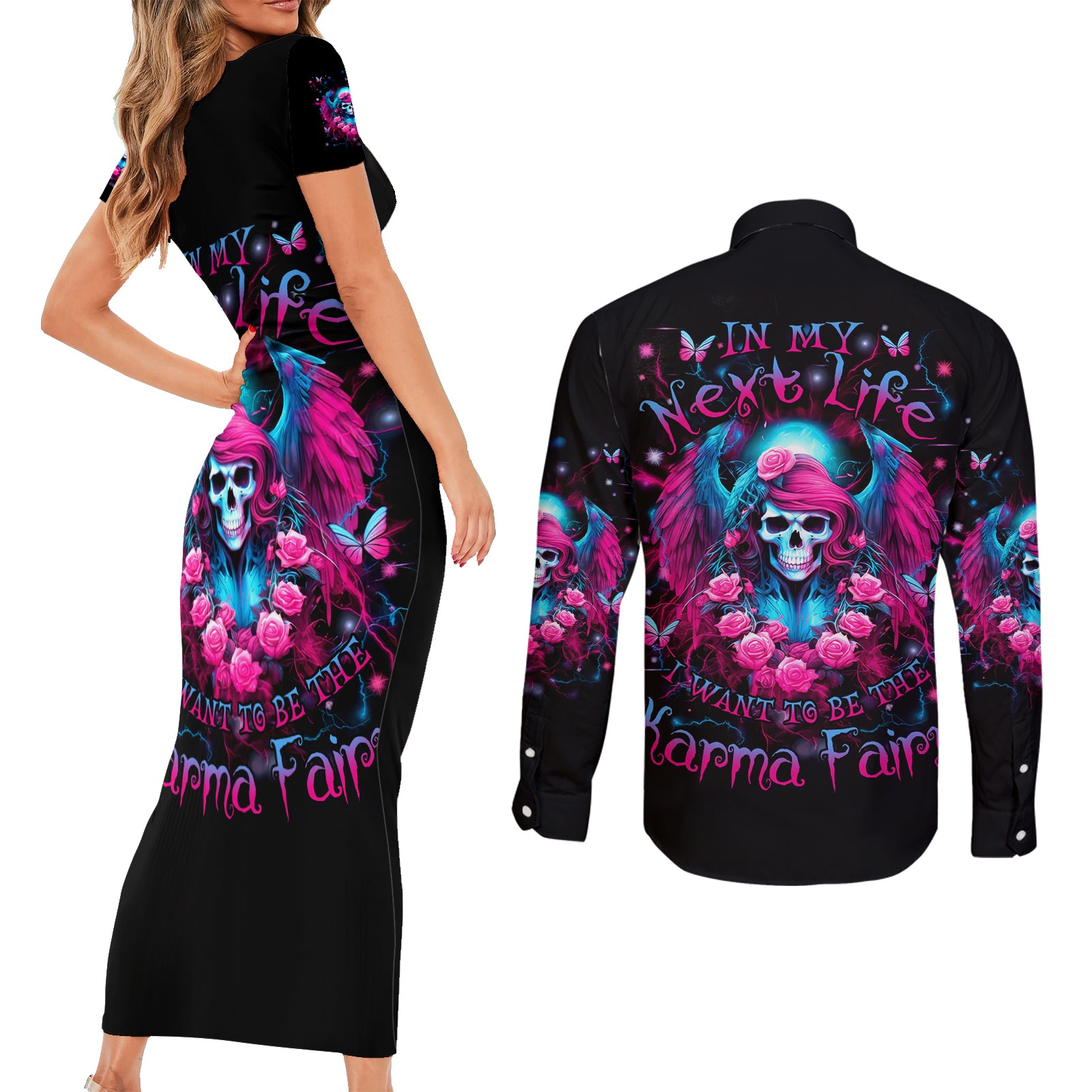 Witch Skull Couples Matching Short Sleeve Bodycon Dress and Long Sleeve Button Shirt Buckle Up Buttercup You Just Flipped My Bitch Switch - Wonder Print Shop