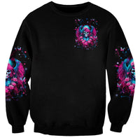 Black unisex crewneck sweatshirt with small front skull-rose print and matching sleeves