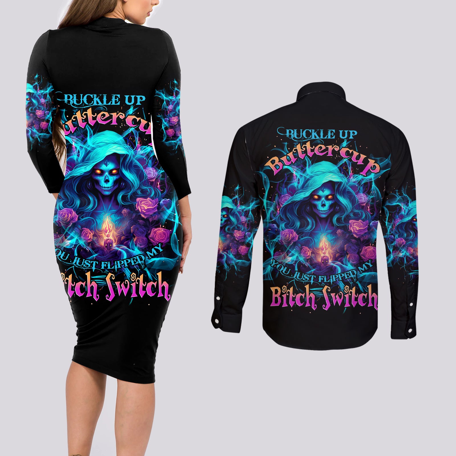 Witch Skull Couples Matching Long Sleeve Bodycon Dress and Long Sleeve Button Shirt I'm A Good Person But Don't Give Me A Reason To Show My Evel Side - Wonder Print Shop