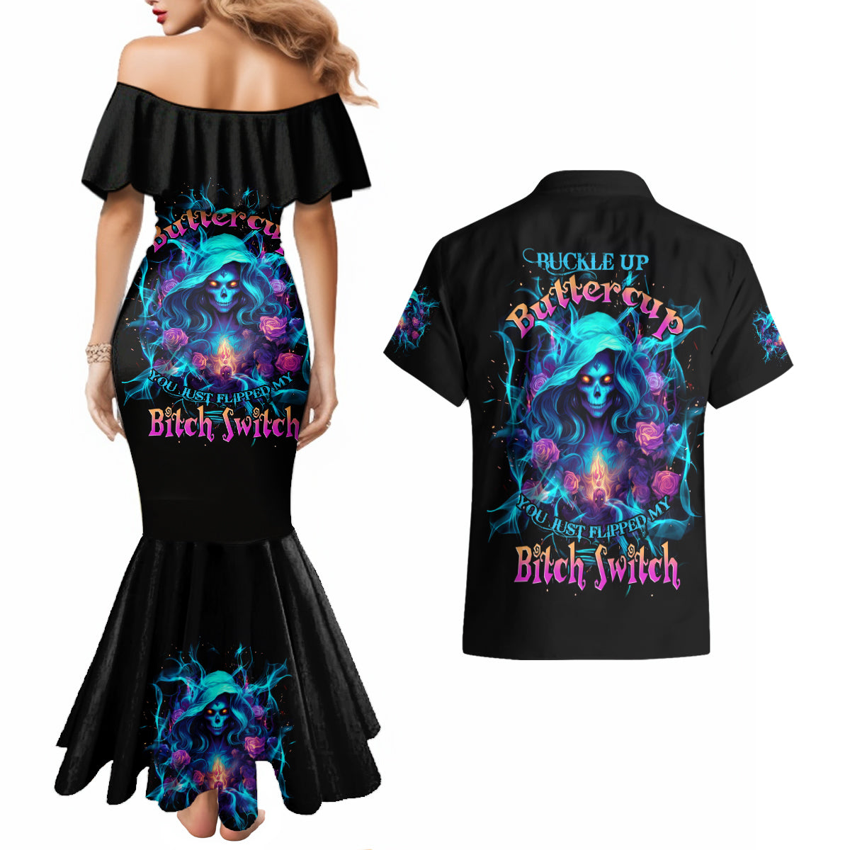 Witch Skull Couples Matching Mermaid Dress and Hawaiian Shirt I'm A Good Person But Don't Give Me A Reason To Show My Evel Side - Wonder Print Shop