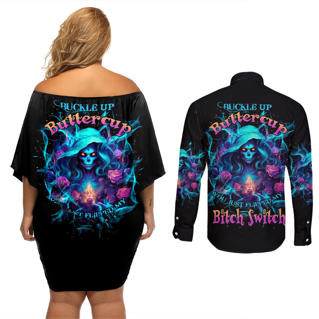 Witch Skull Couples Matching Off Shoulder Short Dress and Long Sleeve Button Shirt I'm A Good Person But Don't Give Me A Reason To Show My Evel Side - Wonder Print Shop