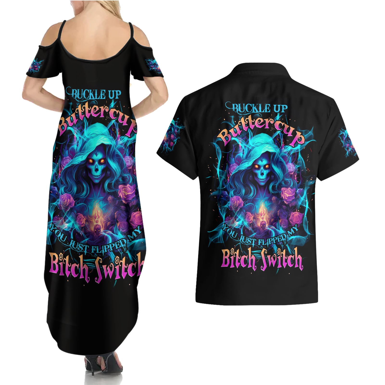 Witch Skull Couples Matching Summer Maxi Dress and Hawaiian Shirt I'm A Good Person But Don't Give Me A Reason To Show My Evel Side - Wonder Print Shop