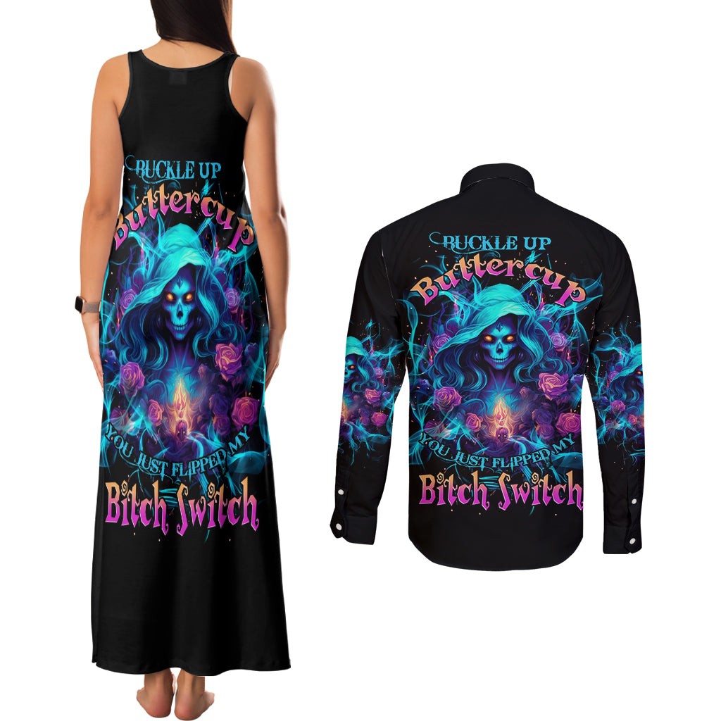 Witch Skull Couples Matching Tank Maxi Dress and Long Sleeve Button Shirt I'm A Good Person But Don't Give Me A Reason To Show My Evel Side - Wonder Print Shop