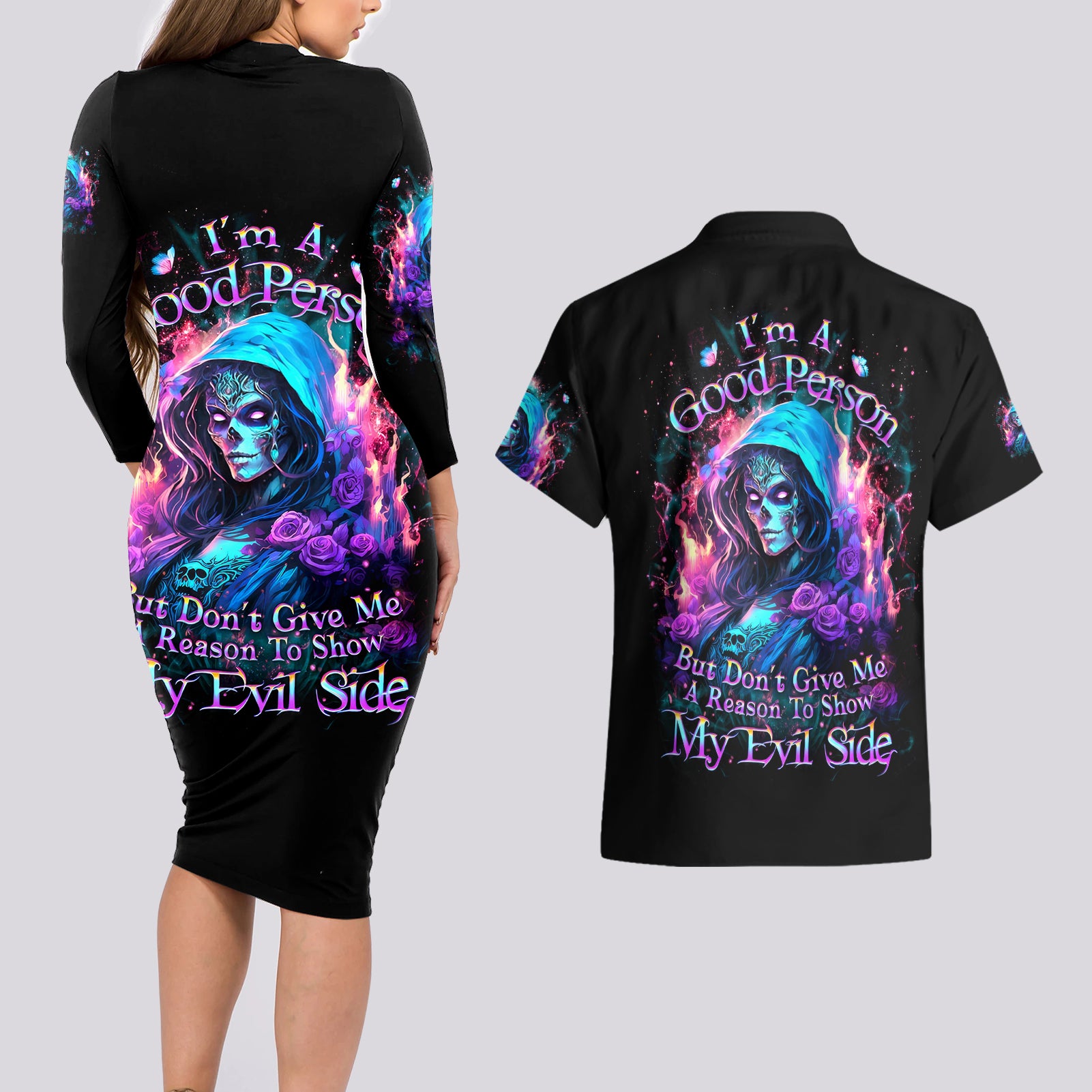 Lady Skull Couples Matching Long Sleeve Bodycon Dress and Hawaiian Shirt The Good Girl In Me Got Tired Of The Bullshit - Wonder Print Shop