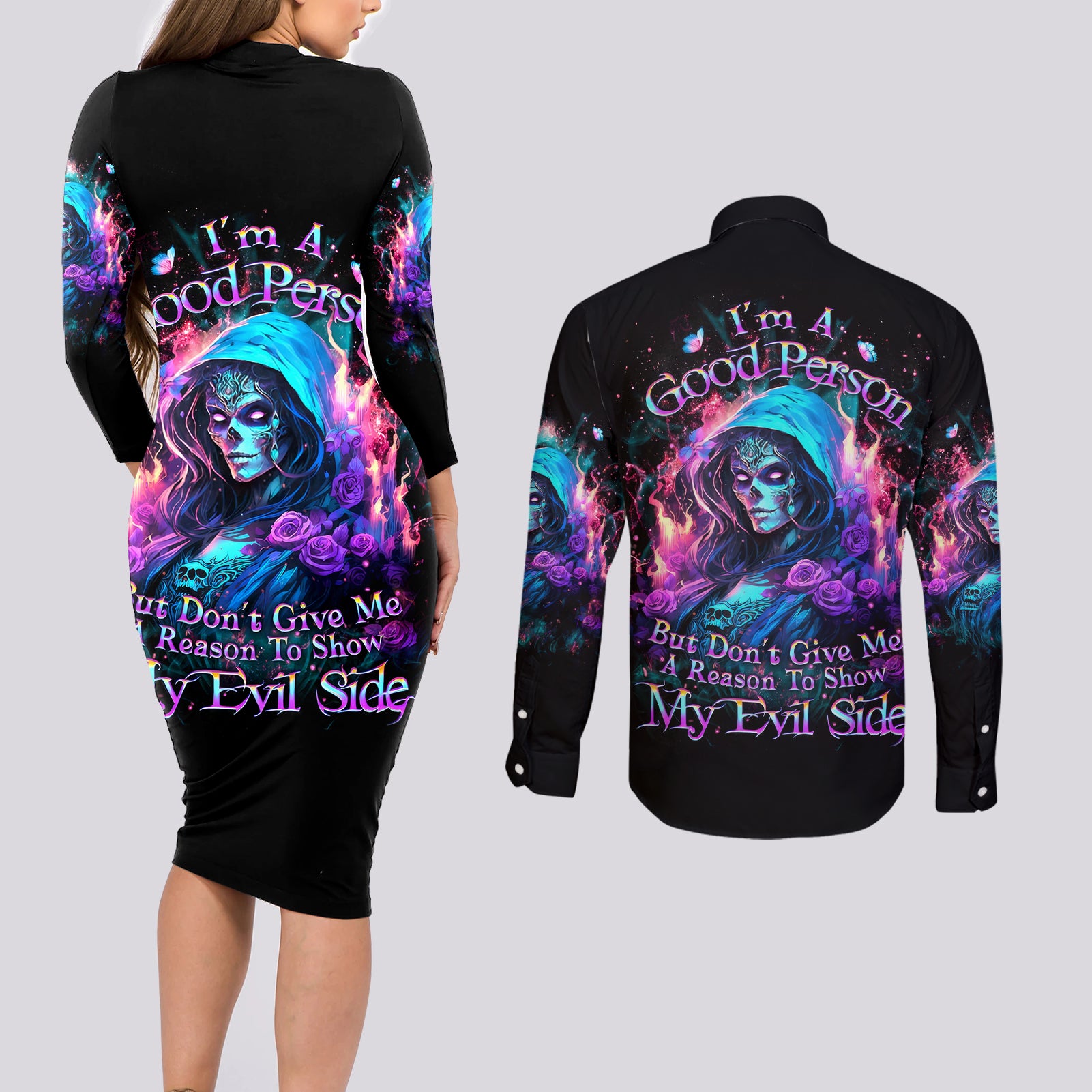 Lady Skull Couples Matching Long Sleeve Bodycon Dress and Long Sleeve Button Shirt The Good Girl In Me Got Tired Of The Bullshit - Wonder Print Shop