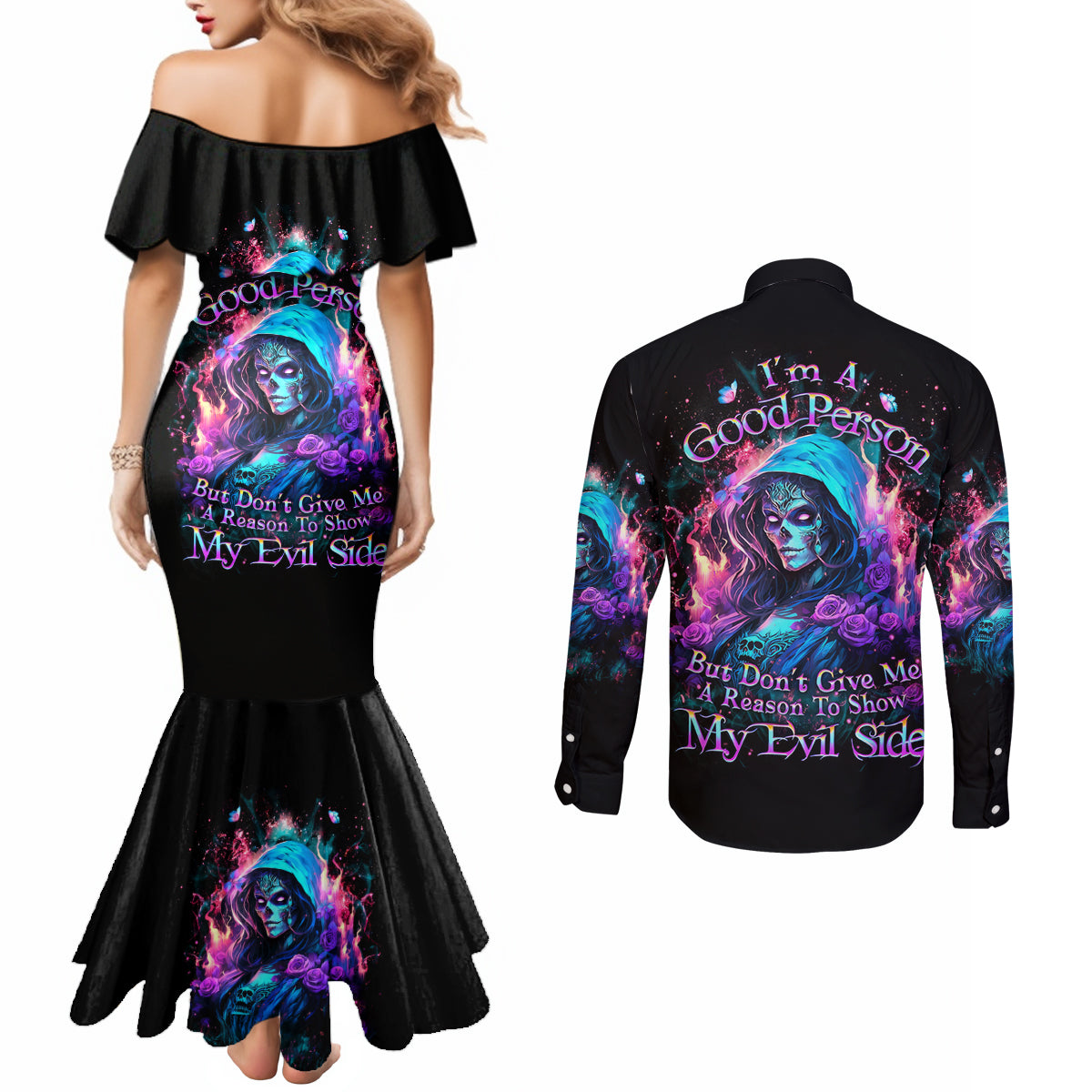 Lady Skull Couples Matching Mermaid Dress and Long Sleeve Button Shirt The Good Girl In Me Got Tired Of The Bullshit