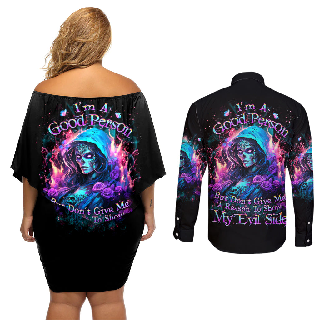 Lady Skull Couples Matching Off Shoulder Short Dress and Long Sleeve Button Shirt The Good Girl In Me Got Tired Of The Bullshit - Wonder Print Shop