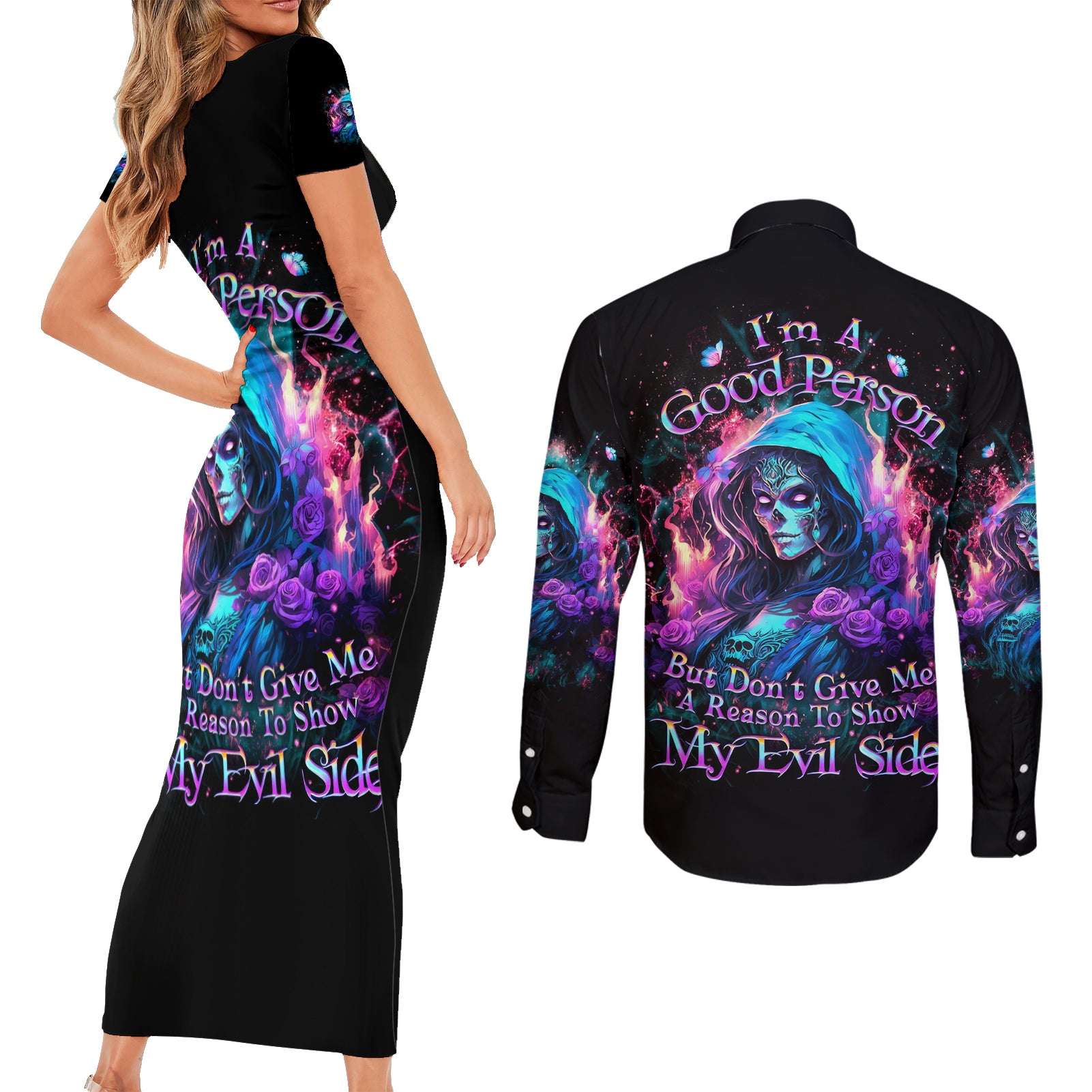 Lady Skull Couples Matching Short Sleeve Bodycon Dress and Long Sleeve Button Shirt The Good Girl In Me Got Tired Of The Bullshit - Wonder Print Shop