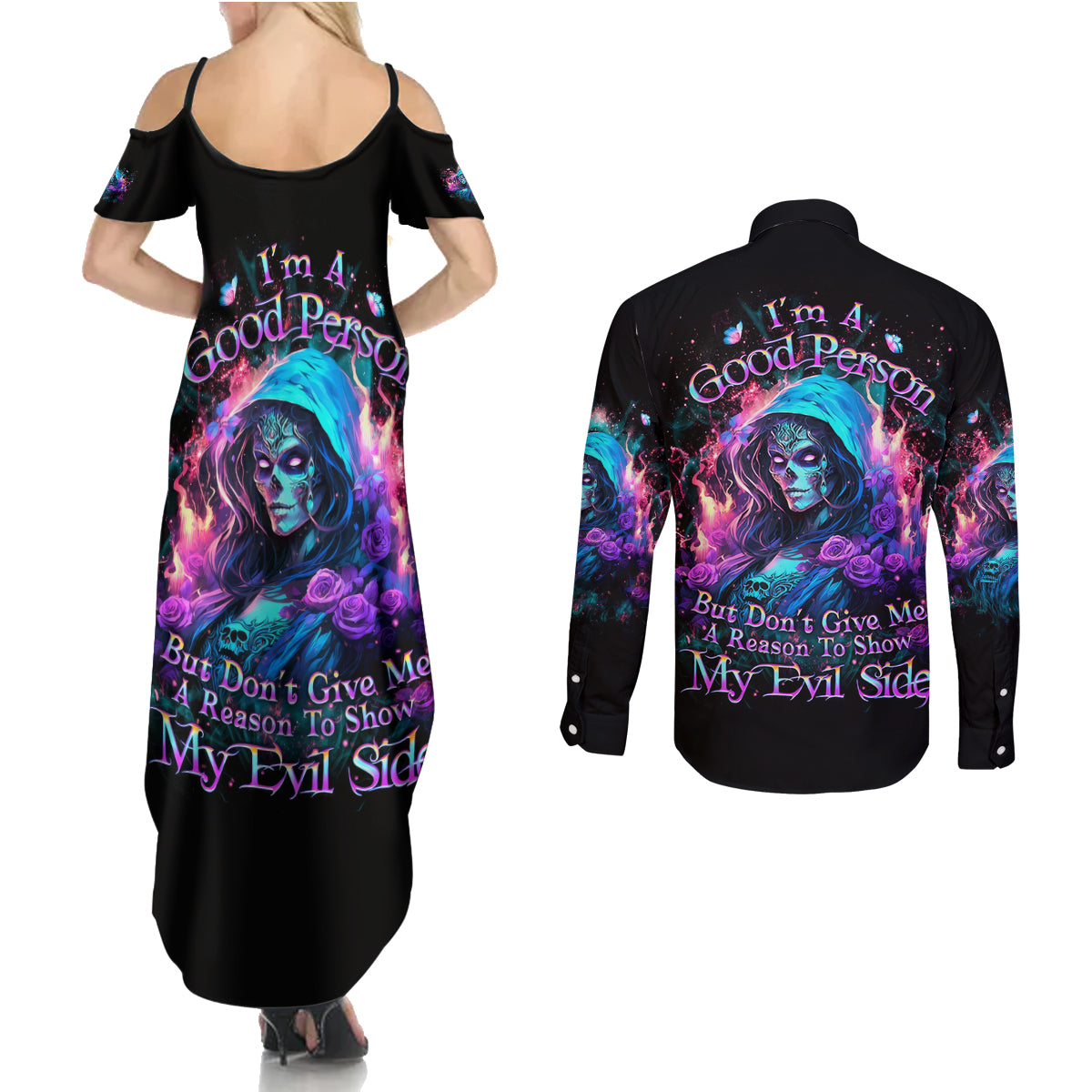 Lady Skull Couples Matching Summer Maxi Dress and Long Sleeve Button Shirt The Good Girl In Me Got Tired Of The Bullshit - Wonder Print Shop