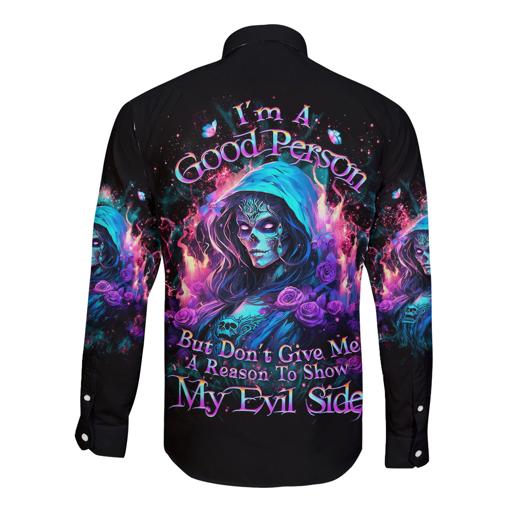 Lady Skull Long Sleeve Button Shirt The Good Girl In Me Got Tired Of The Bullshit - Wonder Print Shop