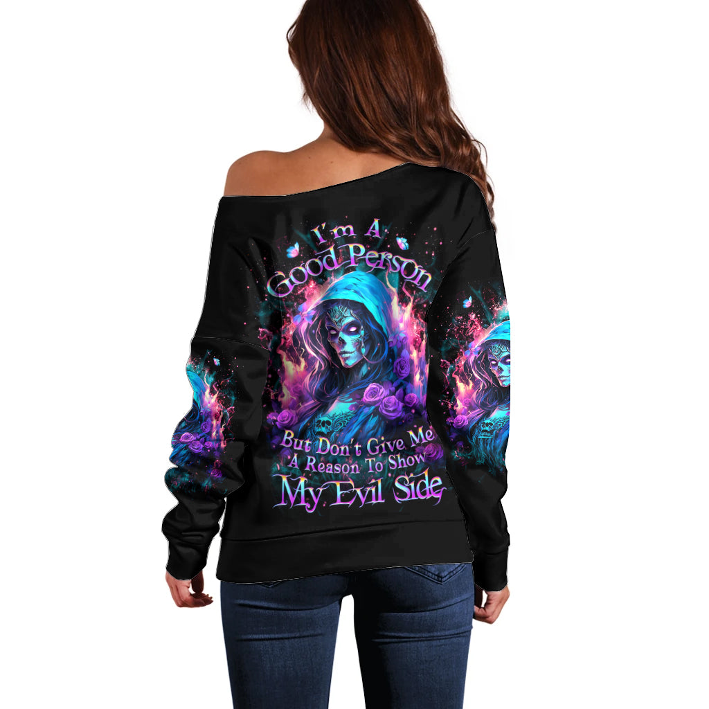 Lady Skull Off Shoulder Sweater The Good Girl In Me Got Tired Of The Bullshit - Wonder Print Shop