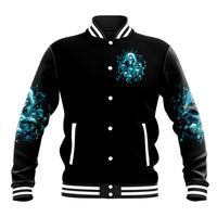 Black varsity-style baseball jacket with teal skull graphic on chest, striped ribbed hem
