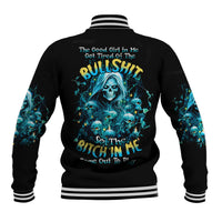 Black baseball jacket with skull and teal graphic on back, striped ribbed collar cuffs