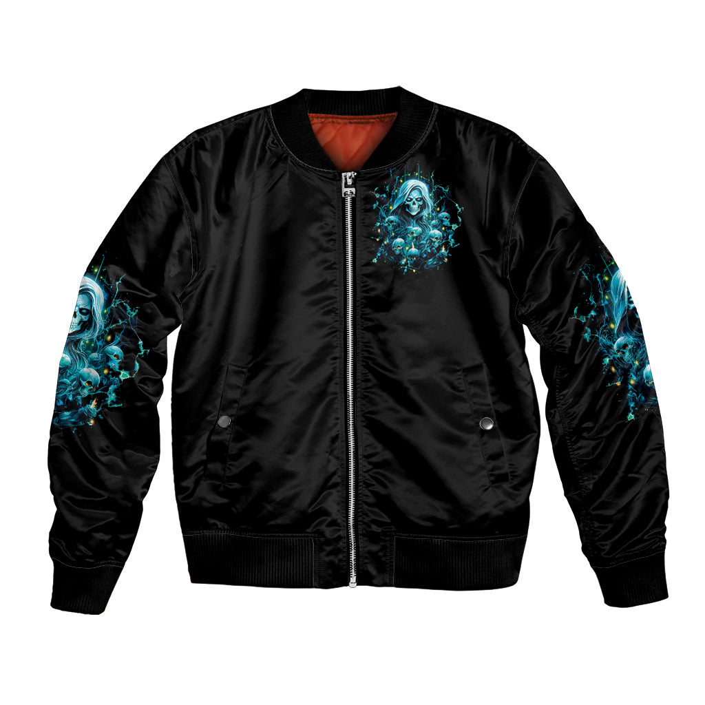 Black bomber jacket with front zip; ribbed collar and cuffs; blue skull graphic