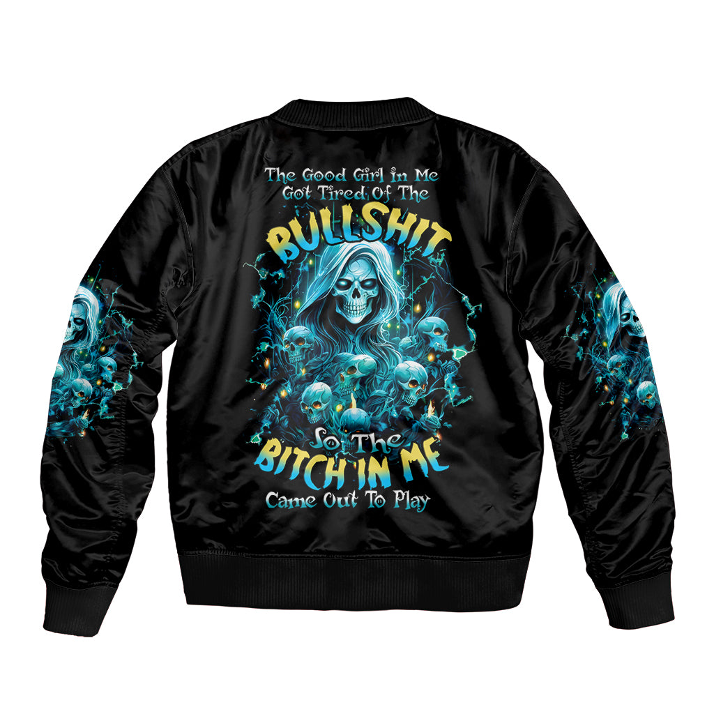 Black bomber jacket with large back graphic of skull girl; ribbed cuffs and hem