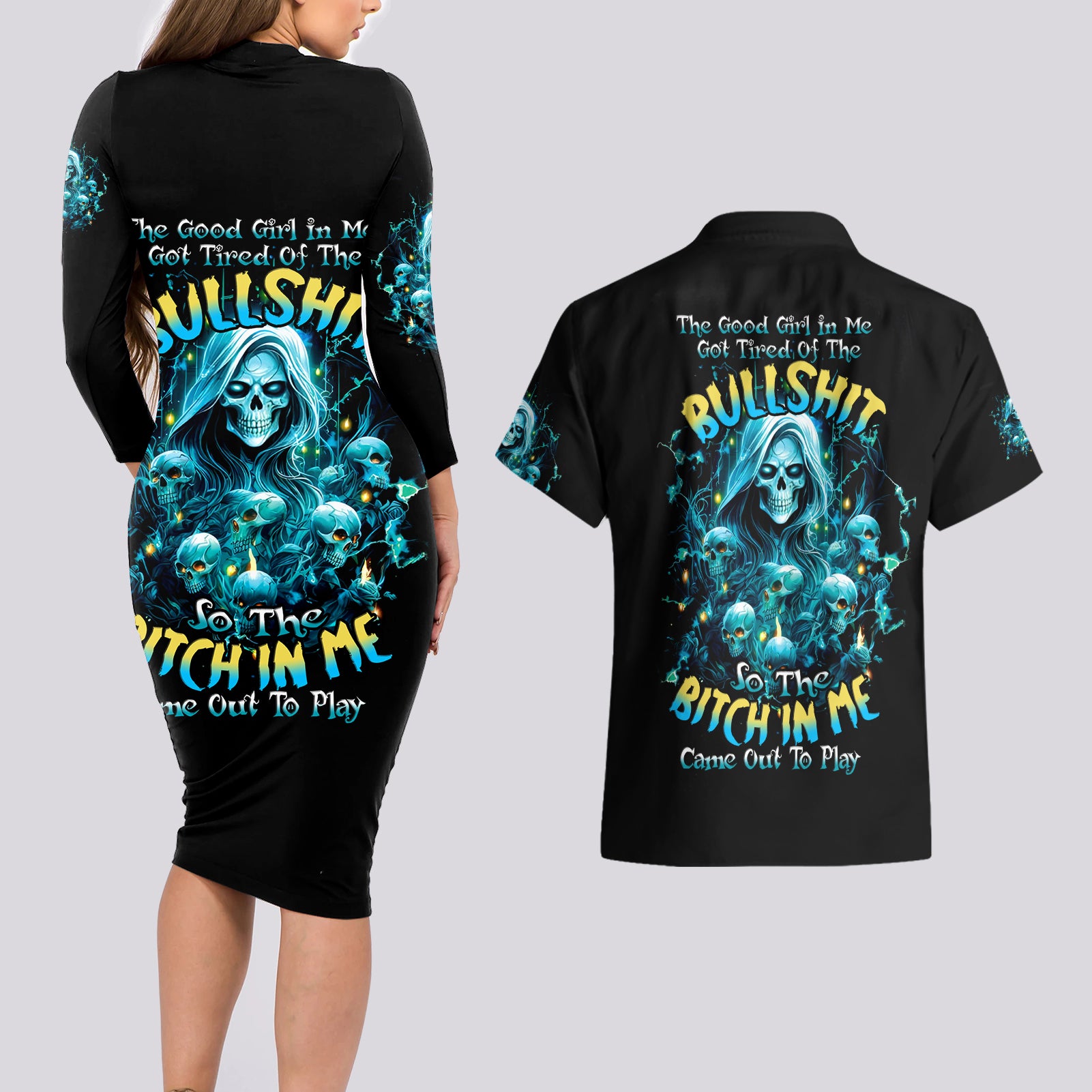 Irsh Girl Skull Couples Matching Long Sleeve Bodycon Dress and Hawaiian Shirt Drink Up Bitch - Wonder Print Shop