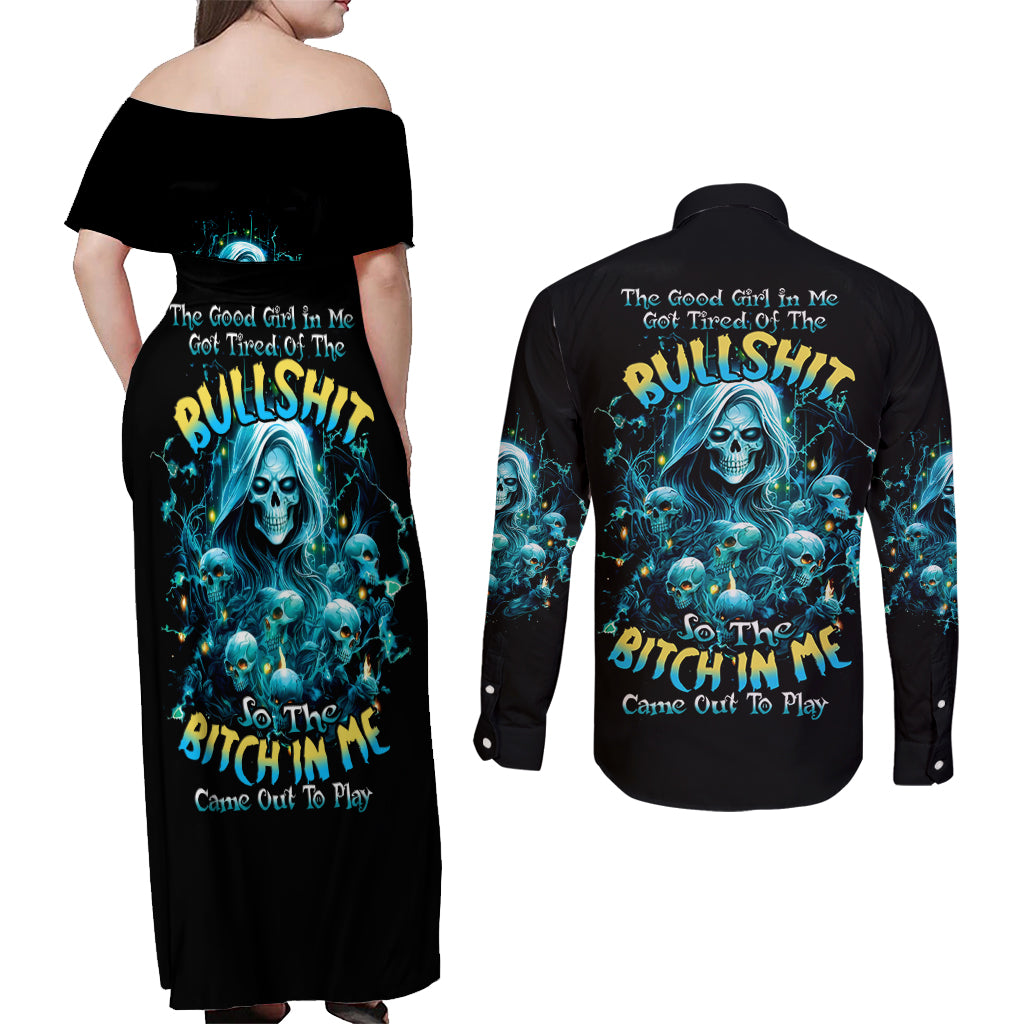 Irsh Girl Skull Couples Matching Off Shoulder Maxi Dress and Long Sleeve Button Shirt Drink Up Bitch - Wonder Print Shop