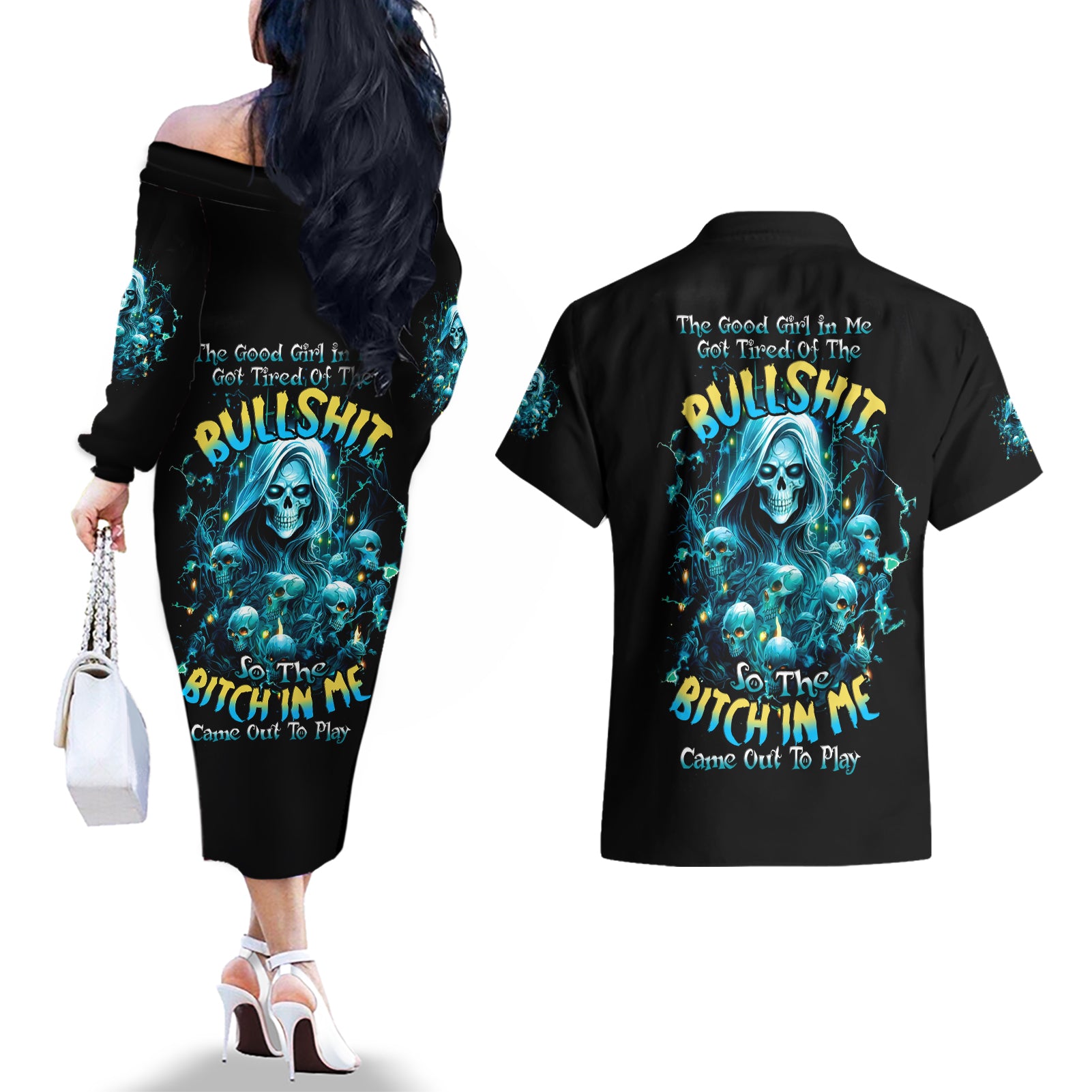 Irsh Girl Skull Couples Matching Off The Shoulder Long Sleeve Dress and Hawaiian Shirt Drink Up Bitch - Wonder Print Shop