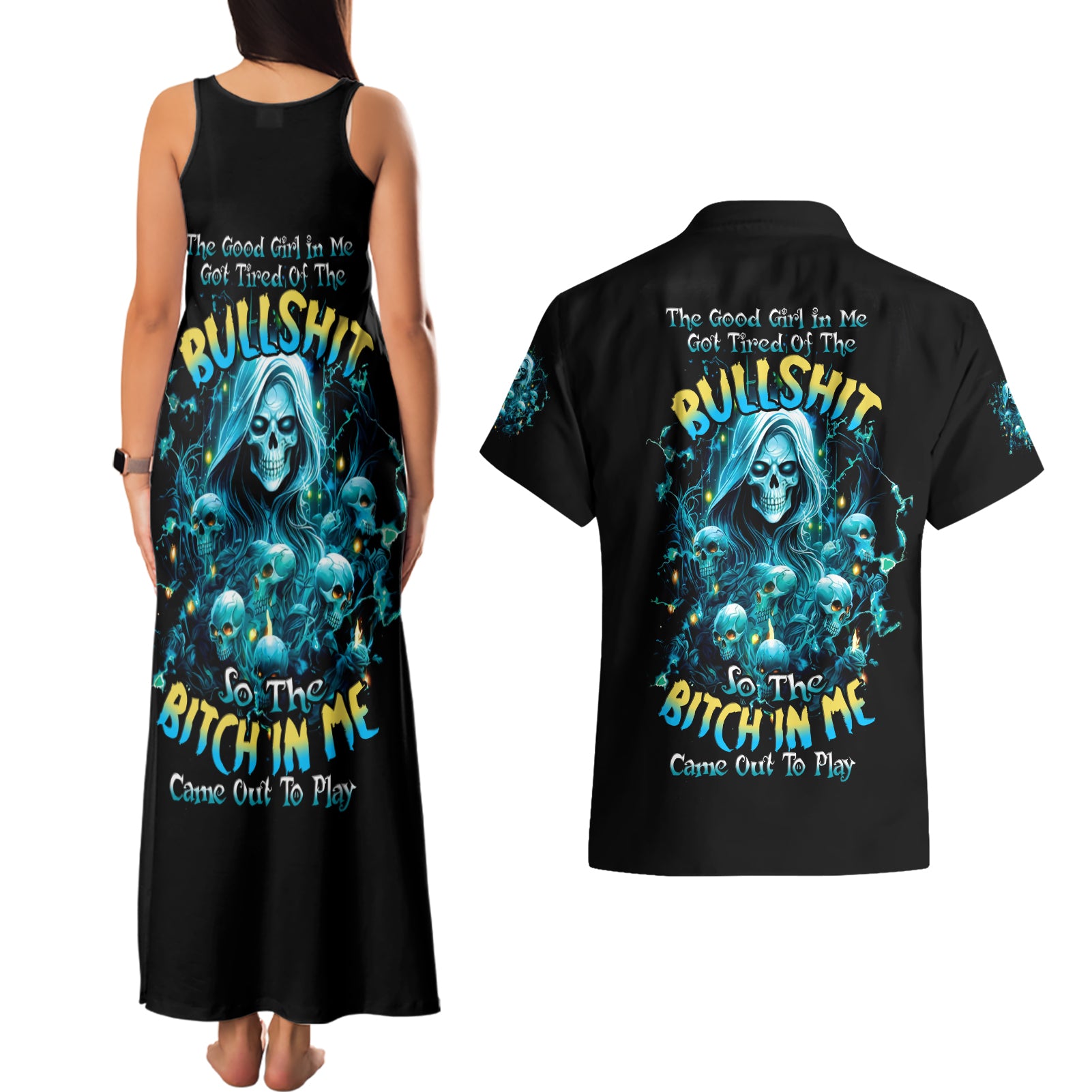 Irsh Girl Skull Couples Matching Tank Maxi Dress and Hawaiian Shirt Drink Up Bitch - Wonder Print Shop