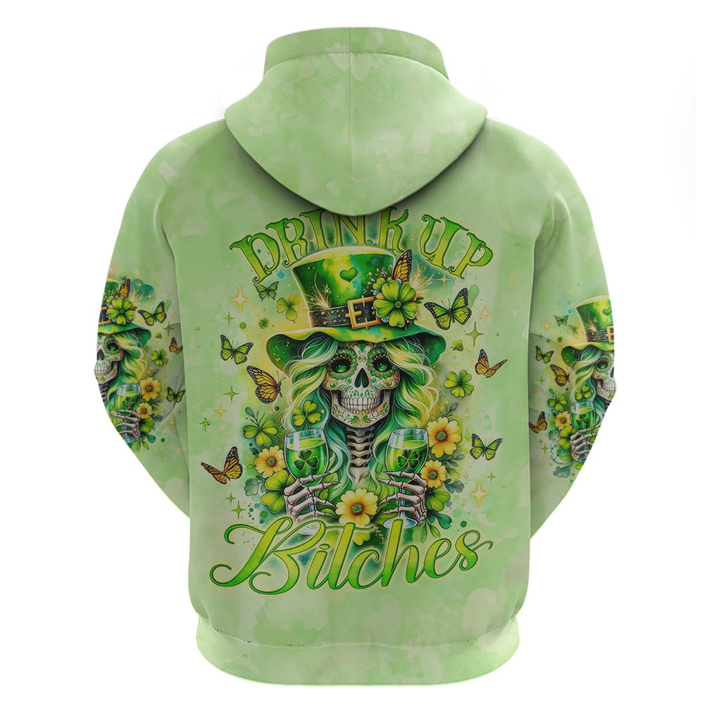 Green pullover hoodie with hood, drawstrings, and colorful skull butterfly graphic