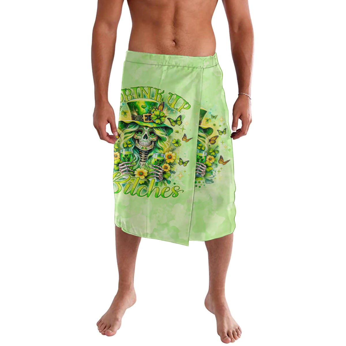 Green lava lava sarong with front skull illustration and cursive text design