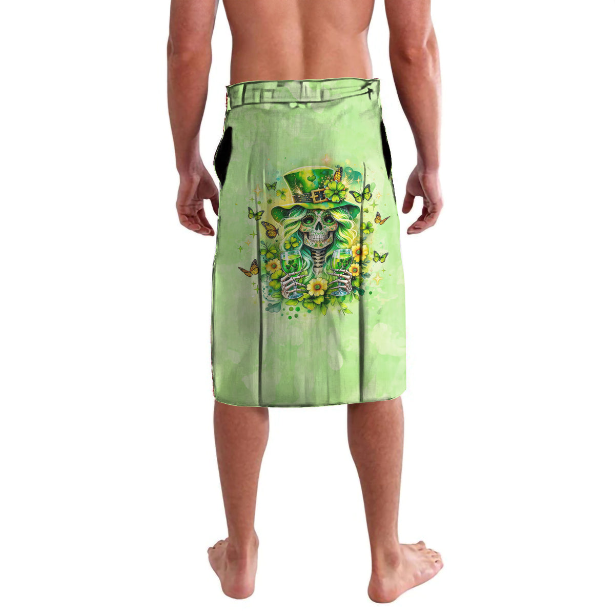 Green lava lava sarong with skull and floral graphic, front tie at waistband