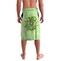 Green lava lava sarong with skull and floral graphic, front tie at waistband