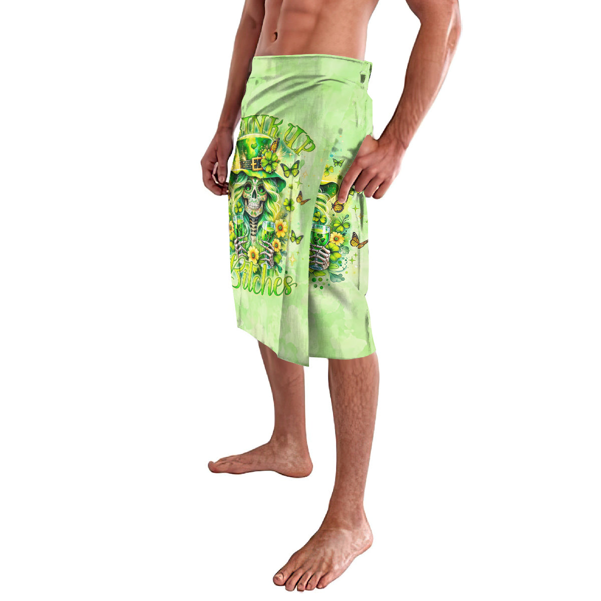 Green lava lava sarong with skull, flowers, and leaf pattern, side drape detail