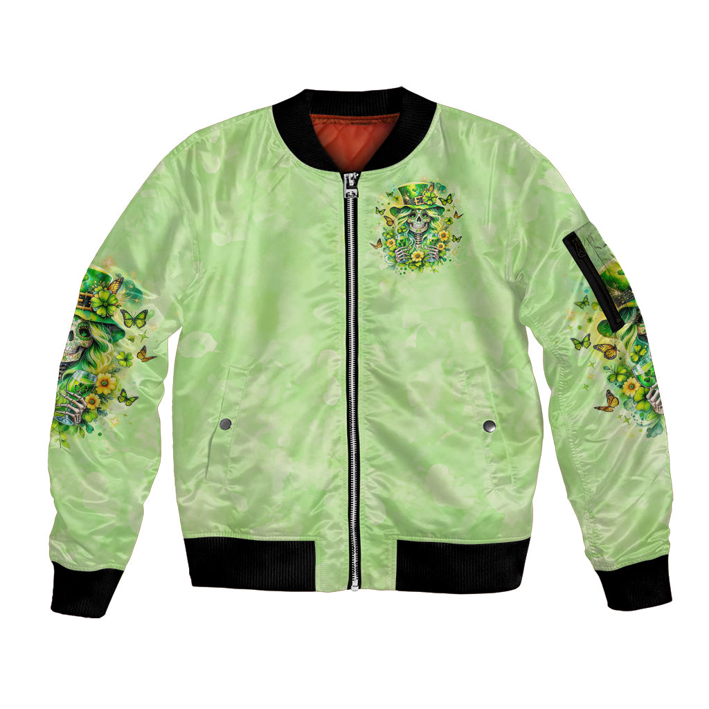Green bomber jacket with front zipper, chest skull graphic, black rib trim and printed sleeve