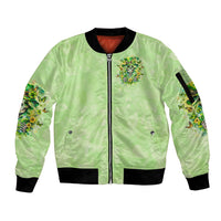 Green bomber jacket with front zipper, chest skull graphic, black rib trim and printed sleeve