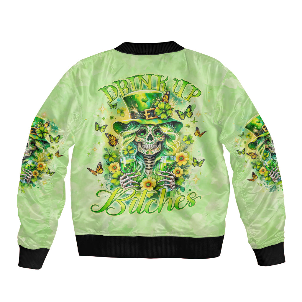 Green bomber jacket with skull butterfly back graphic, ribbed black collar and cuffs