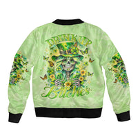 Green bomber jacket with skull butterfly back graphic, ribbed black collar and cuffs