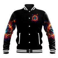 Black varsity baseball jacket with flame skull emblem, snap buttons, striped ribbed cuffs