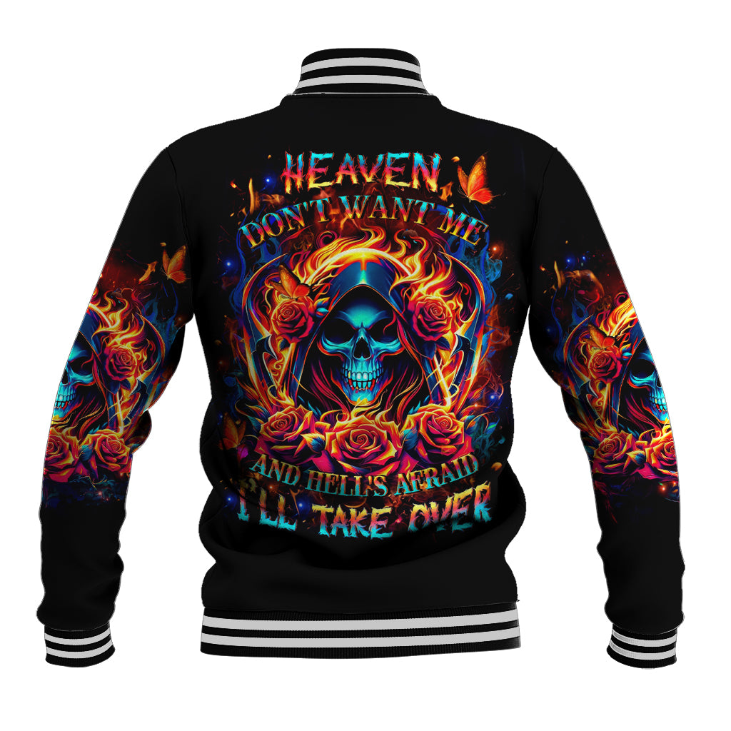 Black baseball jacket with flaming skull back graphic and striped ribbed collar cuffs