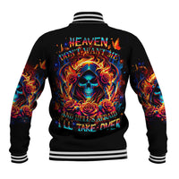 Black baseball jacket with flaming skull back graphic and striped ribbed collar cuffs