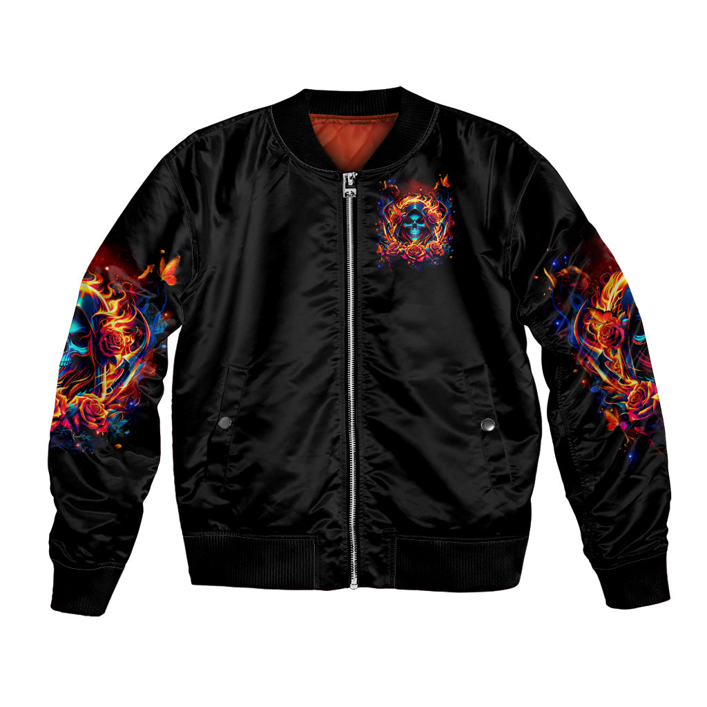 Black bomber jacket with zipper front, flame skull chest graphic, ribbed cuffs