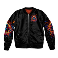 Black bomber jacket with zipper front, flame skull chest graphic, ribbed cuffs