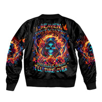 Black flame skull bomber jacket, ribbed cuffs and hem, colorful back graphic