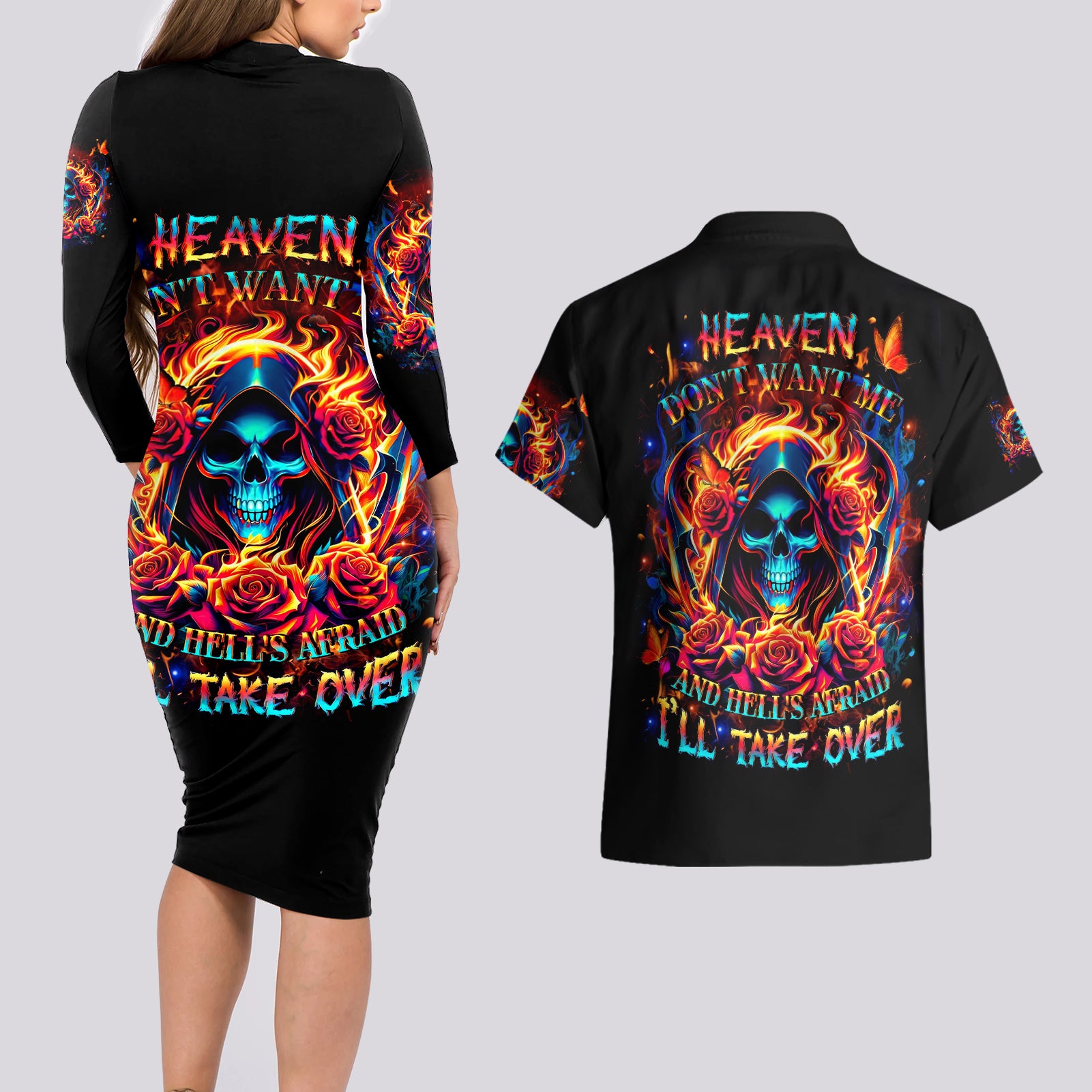 Flame Skull Couples Matching Long Sleeve Bodycon Dress and Hawaiian Shirt Heaven Don't Want Me And Hell's Afraid I'll Take Over - Wonder Print Shop