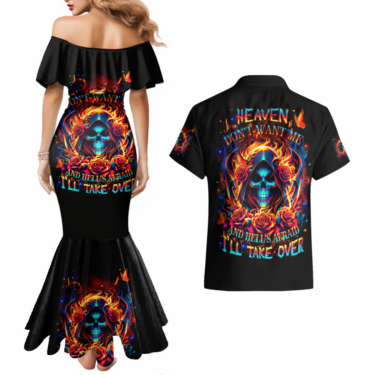 Flame Skull Couples Matching Mermaid Dress and Hawaiian Shirt Heaven Don't Want Me And Hell's Afraid I'll Take Over - Wonder Print Shop