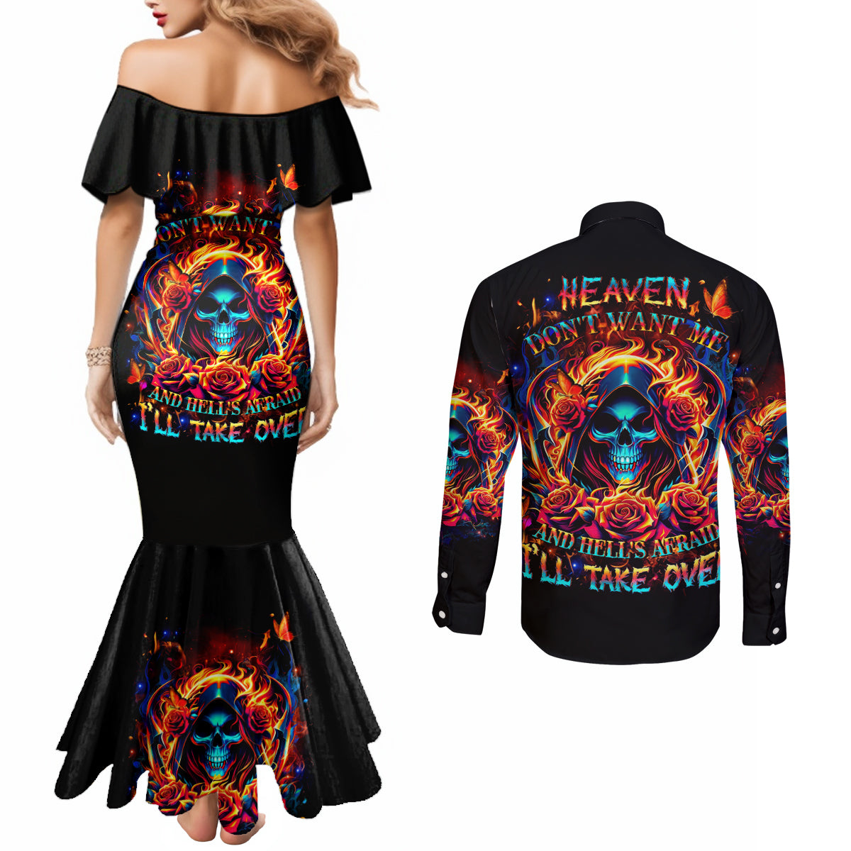 Flame Skull Couples Matching Mermaid Dress and Long Sleeve Button Shirt Heaven Don't Want Me And Hell's Afraid I'll Take Over