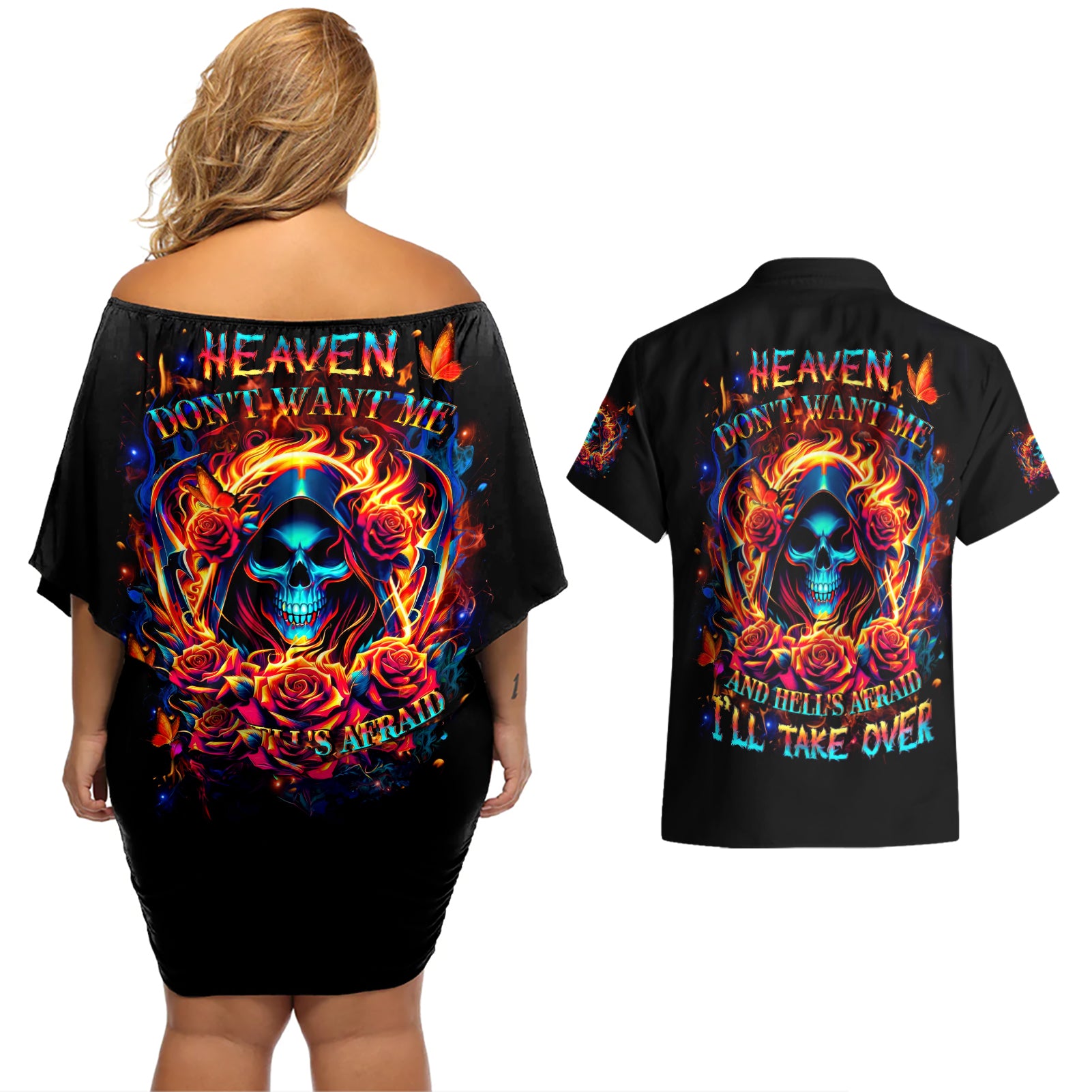 Flame Skull Couples Matching Off Shoulder Short Dress and Hawaiian Shirt Heaven Don't Want Me And Hell's Afraid I'll Take Over - Wonder Print Shop