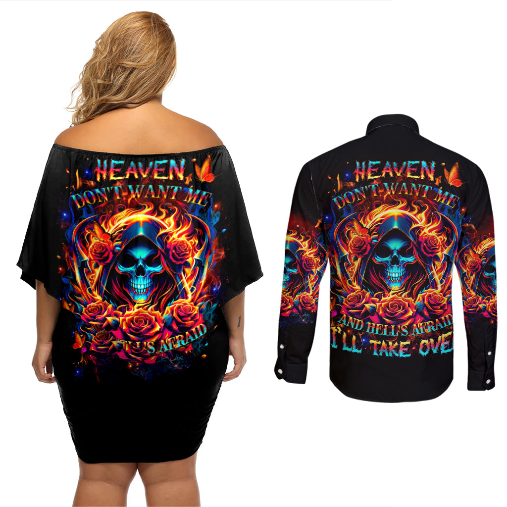 Flame Skull Couples Matching Off Shoulder Short Dress and Long Sleeve Button Shirt Heaven Don't Want Me And Hell's Afraid I'll Take Over - Wonder Print Shop