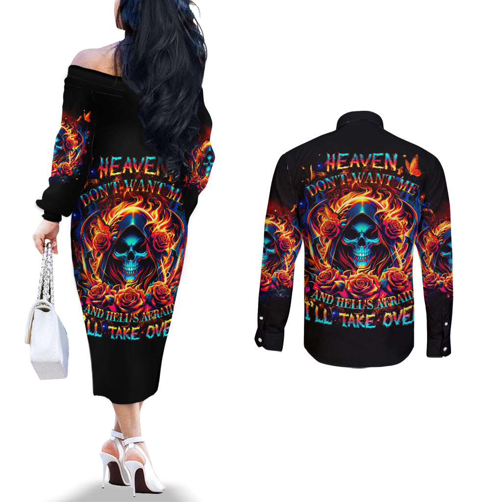 Flame Skull Couples Matching Off The Shoulder Long Sleeve Dress and Long Sleeve Button Shirt Heaven Don't Want Me And Hell's Afraid I'll Take Over